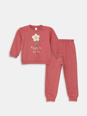 Lcw Baby Bisiklet Yaka Uzun Kollu Çiçekli Kız Bebek Sweatshirt ve Eşofman Alt 2'li Takım