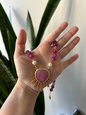 Lune Dor Accessories Pembe Doğal Taş Özel Tasarım El Emeği Modern Kolye