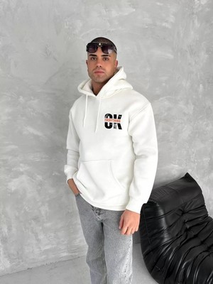 Tarz Yeri Oversize Üç Iplik Kapşonlu Sweatshirt - Beyaz