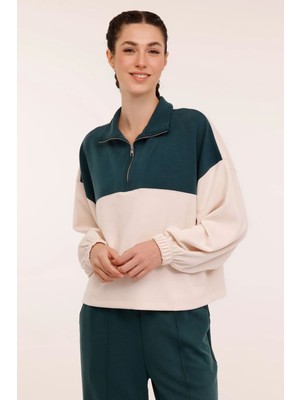 Lumberjack Kadın Yeşil Polo Yaka Sweatshirt 4W Wl Cadyna 16KT02 4pr Desenli