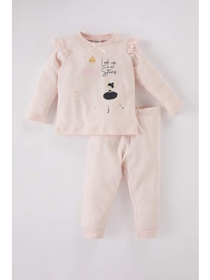 DeFacto Kız Bebek Pijama Takımı Balerin Bisiklet Yaka Baskılı Uzun Kollu Üst Beli Lastikli Uzun Alt D5366A524WN