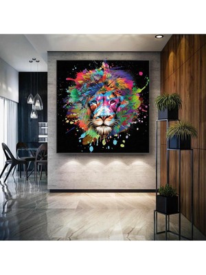TosbArt Boya Sıçramalarından Oluşan Aslan Kafası Illüstrasyon Kare Kanvas Tablo