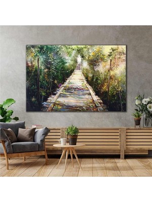 TosbArt Ahşap Asma Köprü Manzara Doğa Yağlı Boya Efektli Kanvas Tablo