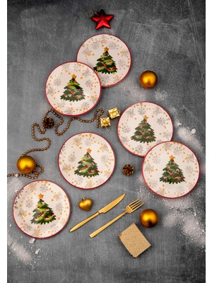 Ceratale Yılbaşı Temalı 6'lı Pasta Tabağı Seti 19 cm Yuvarlak Seramik Malzeme ile Şık Tasarım