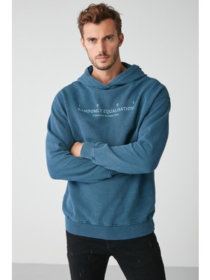 Copper Erkek Soluk Efektlı Baskılı Polarsız Kapüşonlu Mavi Sweatshirt