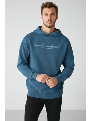 Copper Erkek Soluk Efektlı Baskılı Polarsız Kapüşonlu Mavi Sweatshirt