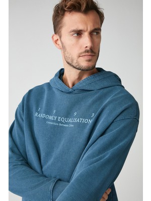 Copper Erkek Soluk Efektlı Baskılı Polarsız Kapüşonlu Mavi Sweatshirt