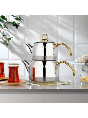 Schafer Ada Metal Orta Boy Çelik Çaydanlık Takımı Altın