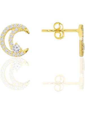 Söğütlü Silver Gümüş Altın Yaldızlı Zirkon Taşlı Hilal Işıltısı Kadın Küpe SGTL12655GOLD