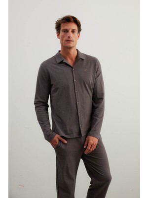 Syah Erkek Pamuklu Uzun Kollu Gömlek Pijama Üstü