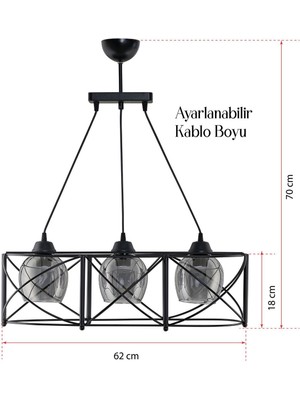 Dede Üçlü Curva Sıralı Metal Avize Füme Rengi Camlı