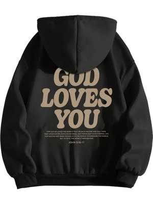 Afro Giyim Kadın God Loves You Sırt Baskılı Kapşonlu Oversize Sweatshirt