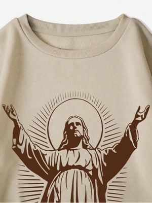 Afro Giyim  Jesus Baskılı Oversize Bisiklet Yaka Sweatshirt