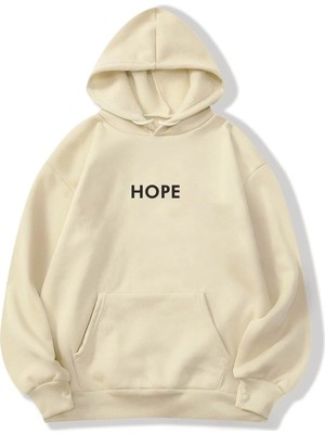 Afro Giyim Kadın Hope Baskılı Bej Oversize Kapüşonlu Sweatshirt