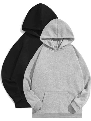 Afro Giyim  Siyah ve Gri 2'li Düz Oversize Kapşonlu Hoodie