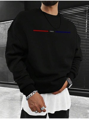 Afro Giyim  Şeritli Paris Baskılı Oversize Bisiklet Yaka Sweatshirt