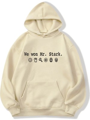 Afro Giyim Kadın Marvel Stark Baskılı Bej Oversize Kapüşonlu Sweatshirt