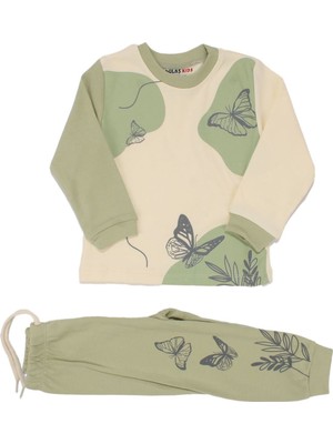Kız Çocuk Ekru Yeşil Kelebek Baskılı 2'li Pijama Takımı - 1014739