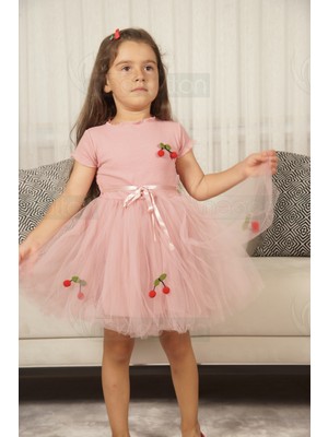 Tüllü Astarlı Esnek Kirazlı Kısa Kol Elbise