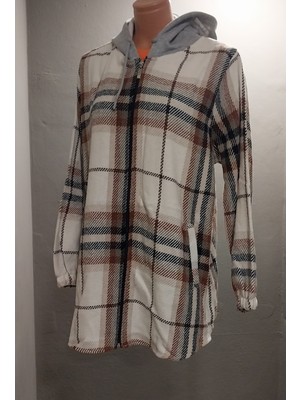 Wearon Kadın Ekose Oduncu Kumaş Kapüşonlu Fermuarlı Hırka Gömlek