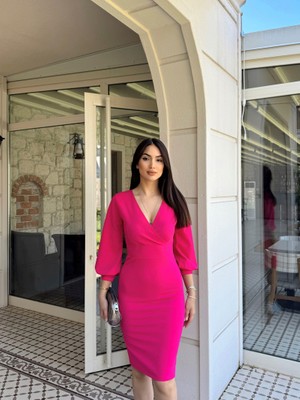 Sindi Moda Tuna Kruvaze Yaka Midi Boy Kalem Elbise 58706