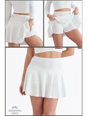 Beyaz / Ekru Etek Içi Sabit Şortlu Yüksek Bel  Skirt With Shorts Casual+Beachwear+Tennis 1101