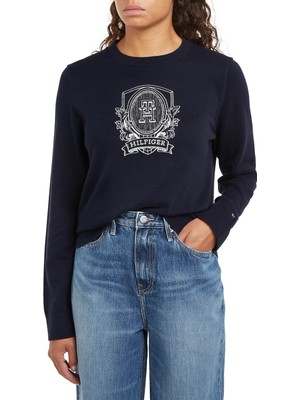 Tommy Hilfiger Yuvarlak Yaka Standart Nakışlı Lacivert Kazak Kadın Crest Graphıc C-Nk Sweater