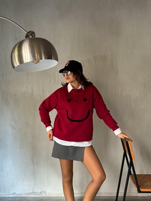 Minaaise Kadın Bordo Smile Süzene Nakışlı 3 Iplik Şardonlu Geniş Kesim Sweatshirt 28313