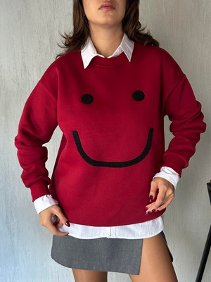 Minaaise Kadın Bordo Smile Süzene Nakışlı 3 Iplik Şardonlu Geniş Kesim Sweatshirt 28313