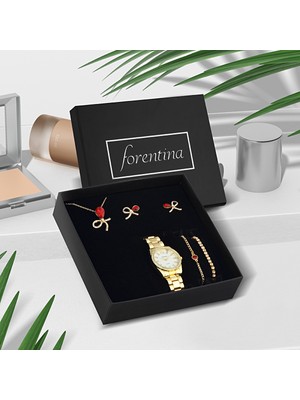 Forentina Kurdela Modeli Kırmızı Taşlı Takı Seti- Saat Hediye Set PS2360