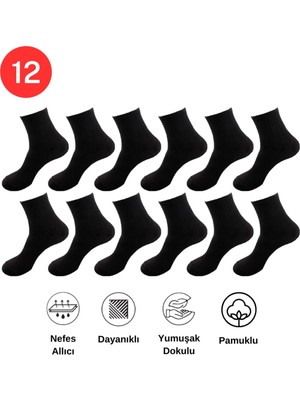 Mersella Pamuklu Yumuşak Karışık 12'li Siyah Renk Kadın Soket Çorap Pamuklu Çorap Dikişli