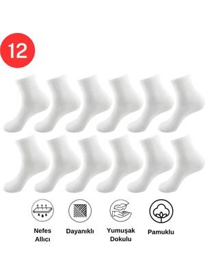 Mersella Pamuklu Yumuşak Karışık 12'li Beyaz Renk Kadın Soket Çorap Pamuklu Çorap Dikişli