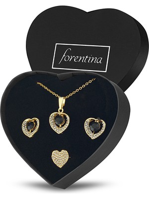Forentina Forenina Siyah Taşlı Kalp Kolye Küpe Yüzük Takı Seti PS2218