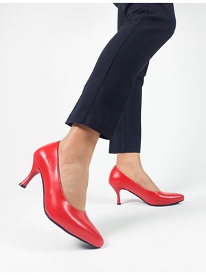 Hakiki Deri Kırmızı Renk  Alçak Topuk Kadın Stiletto