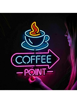 Neon Coffee Point (Kafe) Duvar Dekoru, Tablosu - Metal Üzerine Neon (Led) Duvar Panosu | 38 cm x 41 cm