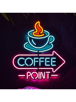 Neon Coffee Point (Kafe) Duvar Dekoru, Tablosu - Metal Üzerine Neon (Led) Duvar Panosu | 38 cm x 41 cm