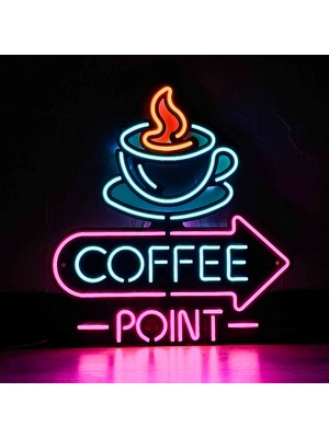 Neon Coffee Point (Kafe) Duvar Dekoru, Tablosu - Metal Üzerine Neon (Led) Duvar Panosu | 38 cm x 41 cm