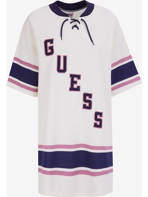 Guess Bisiklet Yaka Desenli Bej Kısa Kadın Elbise Go Hockey Jersey Dre - Poly Co Spor