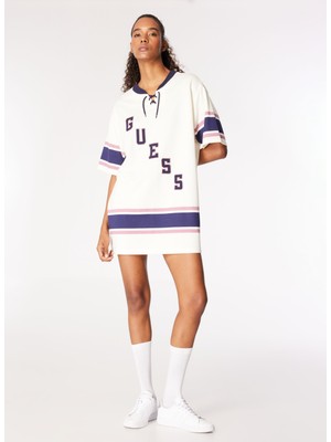 Guess Bisiklet Yaka Desenli Bej Kısa Kadın Elbise Go Hockey Jersey Dre - Poly Co Spor