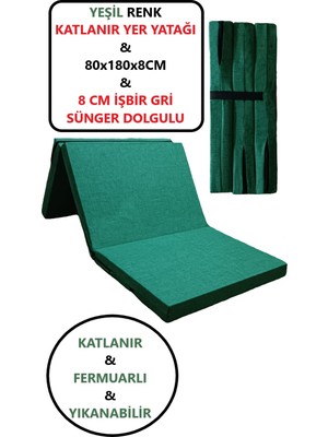 Katlanır Yer Yatağı Tek Kişilik Sünger Katlanır Yatak 80X180 cm 8 cm Gri Kalın Sünger Yeşil