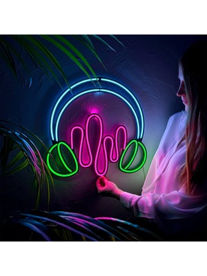 Tol Camp Kulaklık (Headphone) Neon Duvar Dekoru, Tabelası - Modern ve Şık Metal Üzerine Neon Süs | 46 cm x 44.5 cm