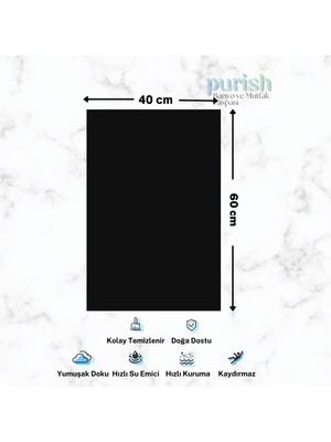 Purish Su Emici, Kaydırmaz Tabanlı, Yıkanabilir Diatom Banyo ve Abdest Paspas 60 x 40 cm - Siyah