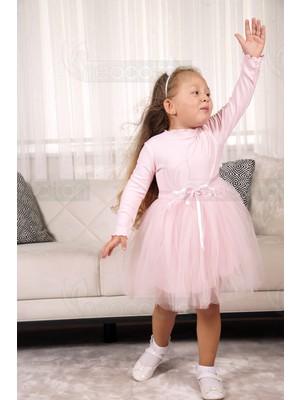Neocotton Tüllü Baskısız Düz Üst Kısım Ribana Alt Kısım Astarlı Tütü Etek Kız Çocuk Prenses Uzun Kollu Elbise