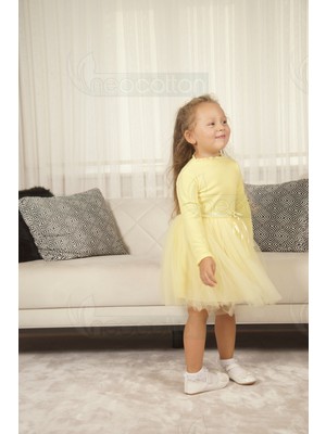 Neocotton Tüllü Baskısız Düz Üst Kısım Ribana Alt Kısım Astarlı Tütü Etek Kız Çocuk Prenses Uzun Kollu Elbise