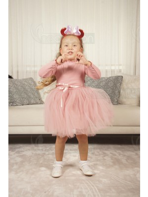 Neocotton Tüllü Baskısız Düz Üst Kısım Ribana Alt Kısım Astarlı Tütü Etek Kız Çocuk Prenses Uzun Kollu Elbise
