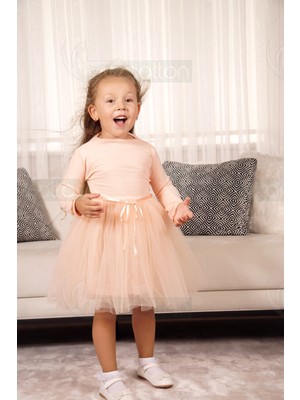 Neocotton Tüllü Baskısız Düz Üst Kısım Ribana Alt Kısım Astarlı Tütü Etek Kız Çocuk Prenses Uzun Kollu Elbise