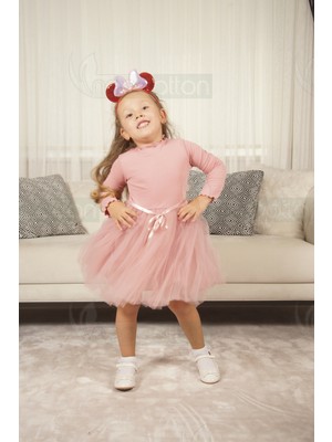 Tüllü Baskısız Düz Üst Kısım Ribana Alt Kısım Astarlı Tütü Etek Kız Çocuk Prenses Uzun Kollu Elbise