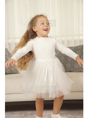 Neocotton Tüllü Baskısız Düz Üst Kısım Ribana Alt Kısım Astarlı Tütü Etek Kız Çocuk Prenses Uzun Kollu Elbise