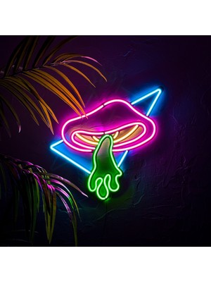 Uçan Mantar (Flying Mushroom) Neon Dekoru - Modern Metal Üzerine Neon Duvar Tabela, Süs | 58 cm x 52.5 cm