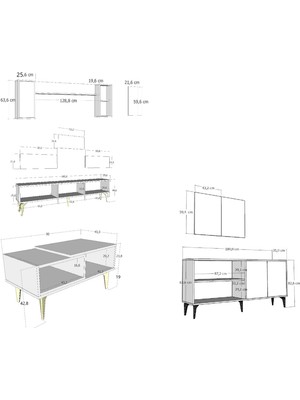 Demonte Decor Hira 180 cm Tv Ünitesi, KONSOL(KX180) ve Orta Sehpa Salon Takımı Safirmeşe-Beyaz